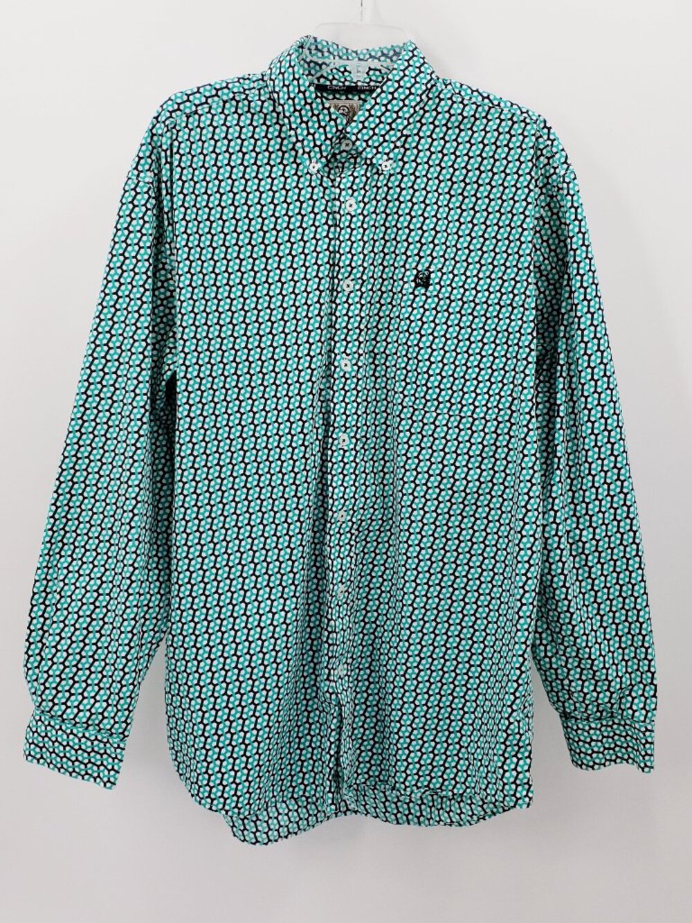 Cinch Button Up Shirt Men's L Turquoise Black Chain Link Print Long Sleeve Crest
